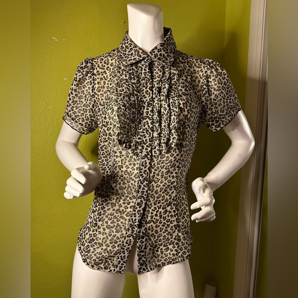 Twentyone Leopard Print Button-up Collared Blouse with Ruffly Chest Detailing